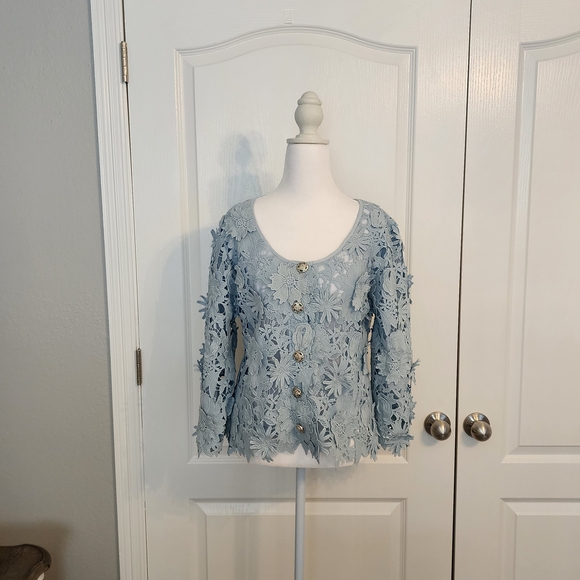 Boston Proper Floral Lace Blouse - Light Blue - Picture 2 of 12